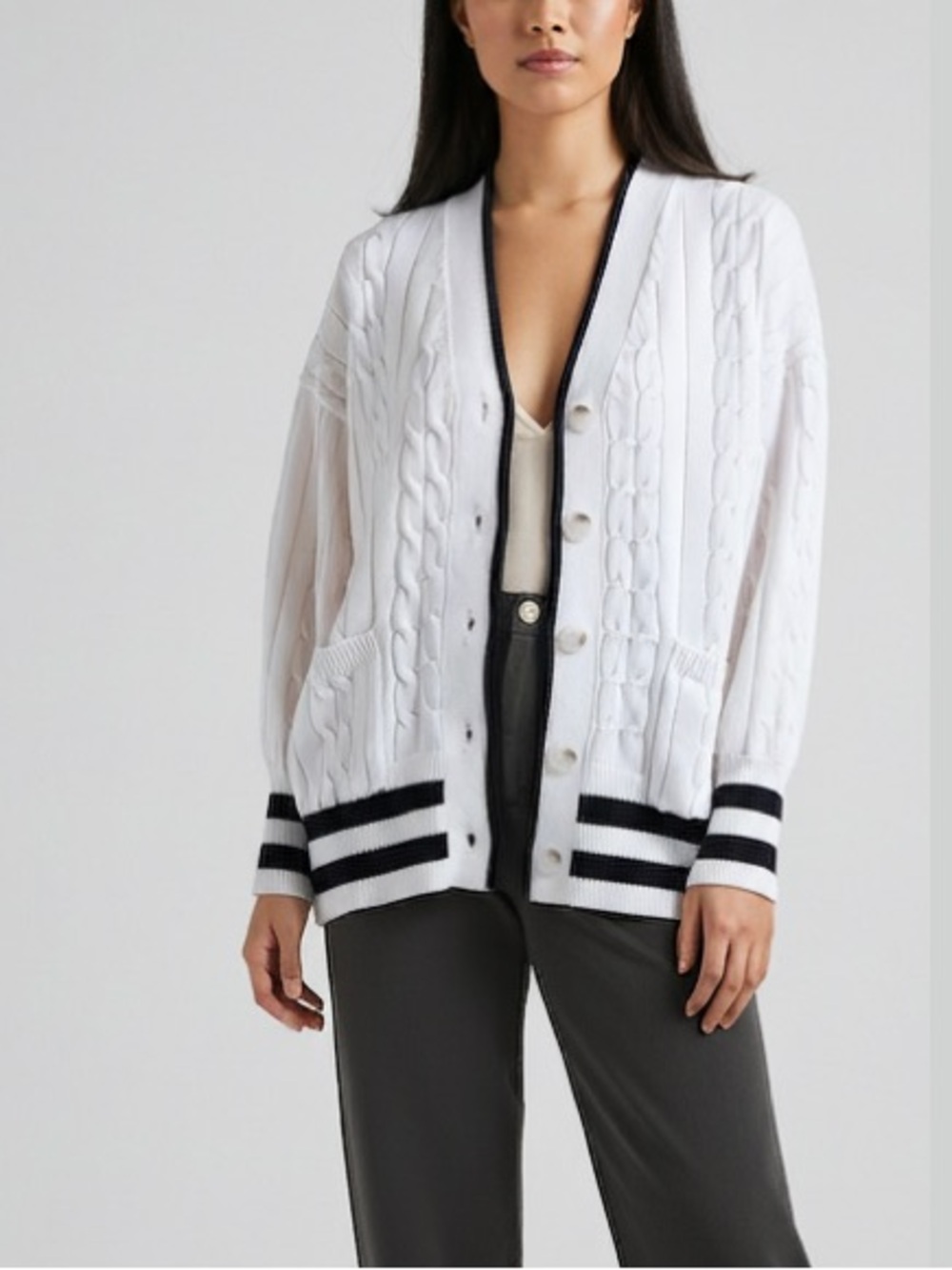 LOFT Ivory Cable Knit Varsity Cardigan w/ Black Trim Tipping M sporty stripe EUC